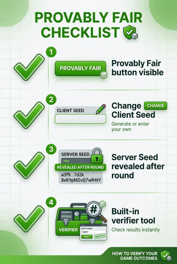 Provably fair checklist 4 steps green checkmarks 2026
