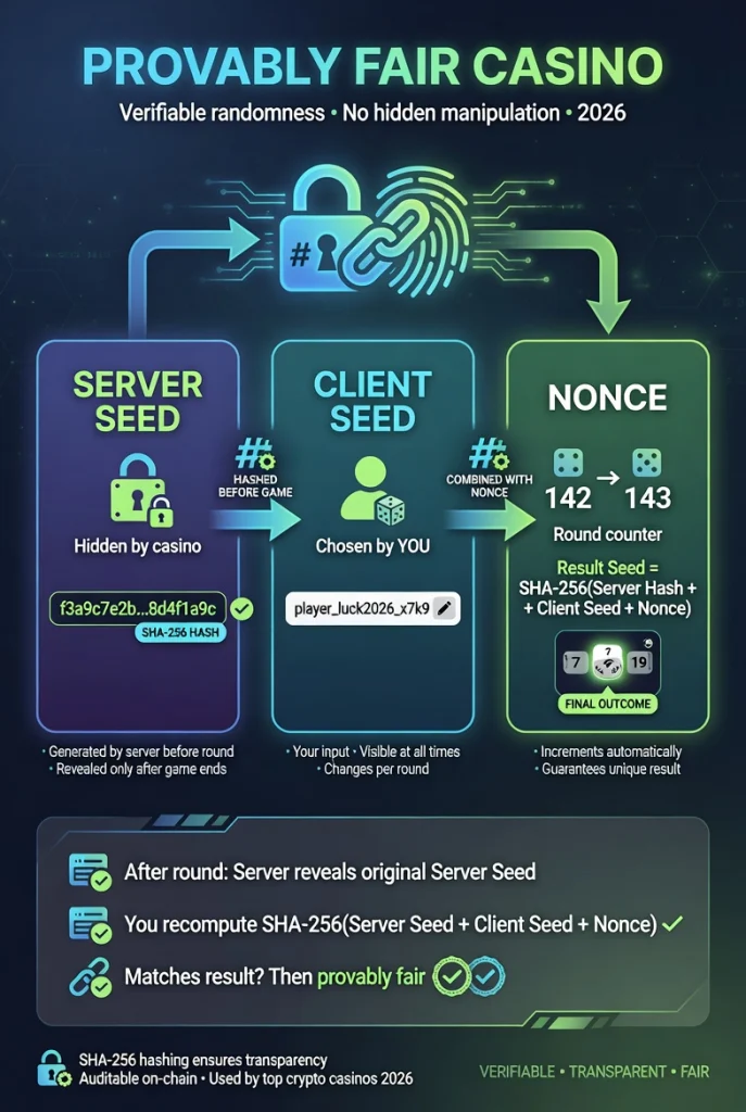 Provably fair casino diagram explaining Server Seed Client Seed and Nonce 2026