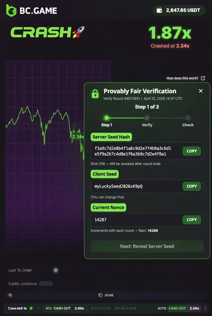 BC.Game Crash provably fair verification step 1 Server Seed Hash