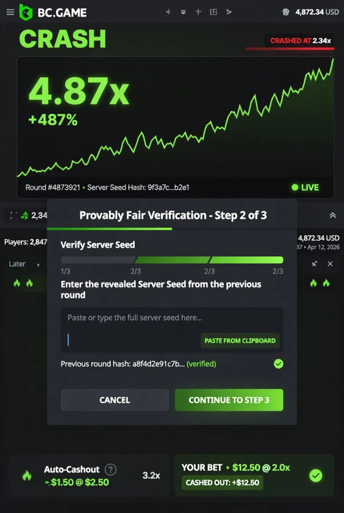 BC.Game Crash provably fair verification step 2 game running