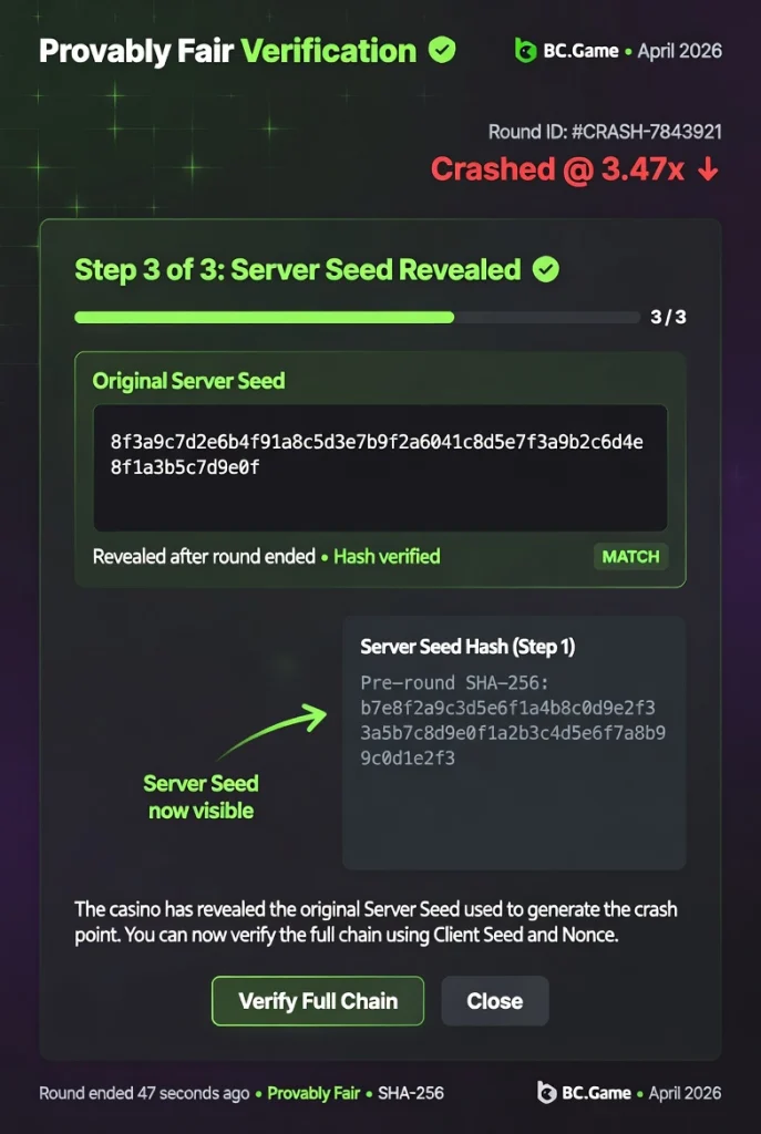 BC.Game Crash provably fair verification step 3 result revealed