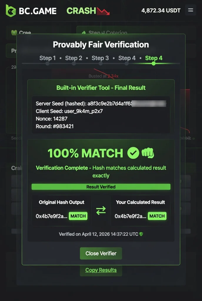 BC.Game Crash provably fair verification step 4 verifier match